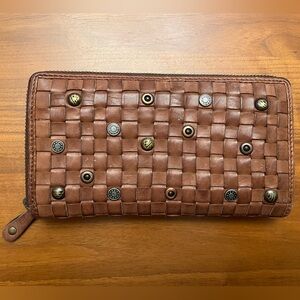 Woven leather wallet with studs